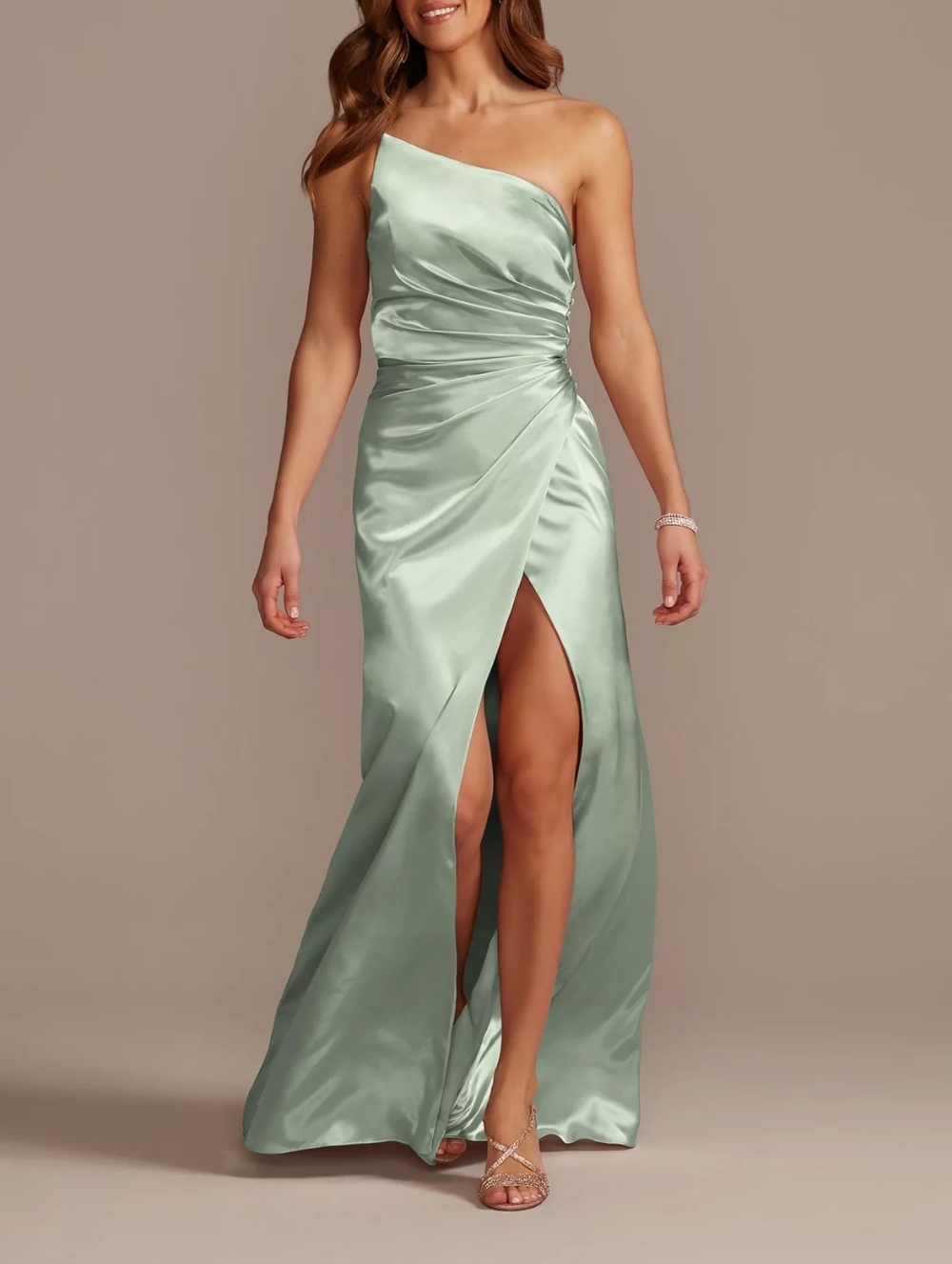 One-Shoulder Satin Evening Gown in Sage Green